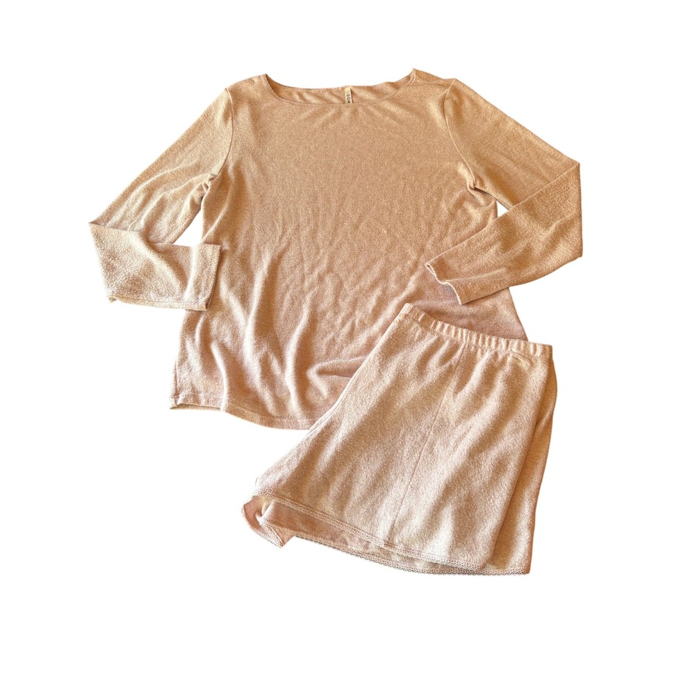 Soma Lounge Set Pink Heathered Knit Long Sleeve Top and Shorts Lace‎ Trim Large